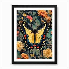 Butterfly And Flowers Inspired By William Morris Art Print