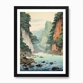 Sounkyo Gorge In Hokkaido, Ukiyo E Drawing 4 Art Print