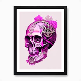 Skull With Steampunk Details 2 Pink Line Drawing Art Print