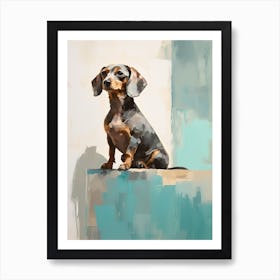 Dachshund Dog, Painting In Light Teal And Brown 3 Art Print