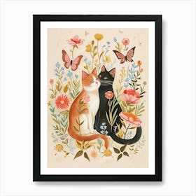 Folksy Floral Animal Drawing Cat 7 Art Print