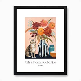 Cats & Flowers Collection Protea Flower Vase And A Cat, A Painting In The Style Of Matisse 0 Art Print