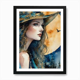Moon Goddess - Turquoise and Gold Beautiful Lady Watercolor Siren Fairytale Gallery Feature Wall Perfect Face Visionary Fantasy Painting Gazing at the Full Moon Pagan Witch Magical HD 1 Art Print