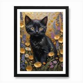 Klimt Style Black Kitten Cat in English Garden Wild Flowers Gold Leaf Painting - Gustav Klimt Monet Waterlillies HD High Resolution Poppies Art Print