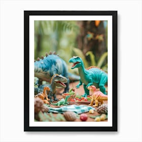 Toy Dinosaur Picnic In The Forest Art Print