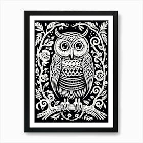 B&W Bird Linocut Owl 1 Art Print