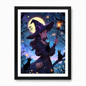 Witch With Cats 2 Art Print