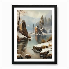 Ancient landscapes, old winter oil paintings and rocks around the lake bank. Snow is falling on the lake, old colors.5 1 Art Print