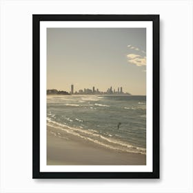 Surfer On The Beach Fujifilm Soft Neutral Colours With Gold Coast Cityscape Art Print