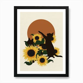 MInimal art Cat And Sunflowers Art Print