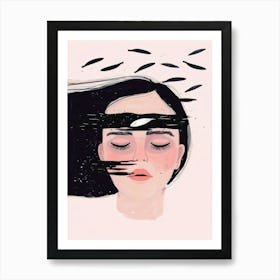 Illustration Of A Woman With Fish Flying Around Her Head 1 Art Print