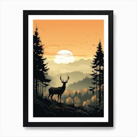 Deer In The Forest At Sunset Art Print