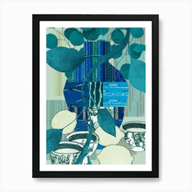 Abstract Still Life Collage Vase with Teacups and Citrus, Teal, Lime, and Indigo No.372024-02 Art Print
