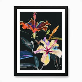 Neon Flowers On Black Hibiscus 3 Art Print