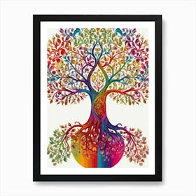 Default Stylized Tree Of Life In Bright Rainbow Colors On A Wh 0 Art Print