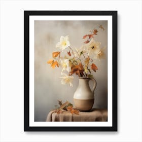 Columbine, Autumn Fall Flowers Sitting In A White Vase, Farmhouse Style 2 Art Print