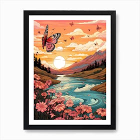 Butterflies At Sunset By The River Japanese Style Painting 4 Art Print