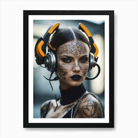 Tattooed Woman With Headphones Art Print