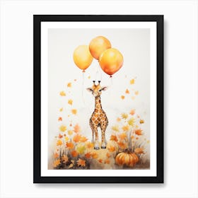 Giraffe Flying With Autumn Fall Pumpkins And Balloons Watercolour Nursery 4 Art Print