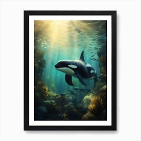 Realistic Orca Whale With Fish And Aqua Marine Plants Art Print