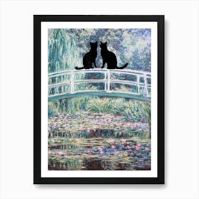 Cats in Love on Monet's Garden Bridge Giverny - Claude Money Black Cat Art Prints Funny Wall Decor in HD Art Print