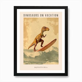 Vintage Deinonychus Dinosaur On A Surf Board 3 Poster Art Print