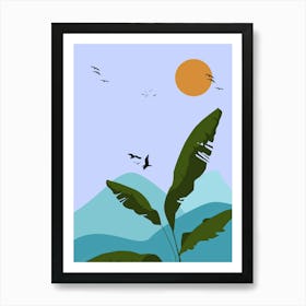 Banana Leaf With Birds In The Sky Art Print