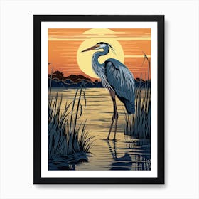 Vintage Bird Linocut Great Blue Heron 7 Art Print