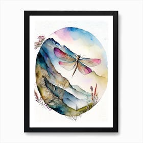 Dragonfly Flying Across Mountains Watercolour Ink Pencil 2 Art Print