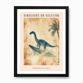 Vintage Therizinosaurus Dinosaur On A Surf Board 2 Poster Art Print