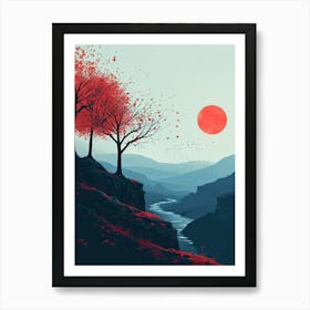 Red Trees In The Valley, Minimalism Art Print