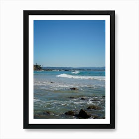 Beach At Daytime With Waves, Rocks And Surfers On Iconic Australian Beach. Clear Blue Skies Art Print