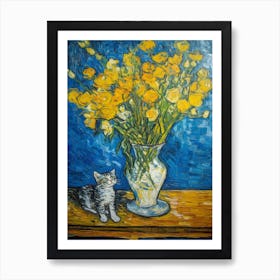 Still Life Of Freesia With A Cat 3 Art Print