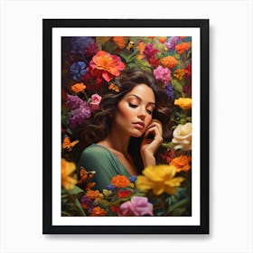A Portrait Of A Woman Lost In Thought and flowers Art Print