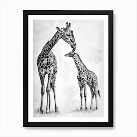 Pencil Portrait Of Giraffe & Calf Art Print