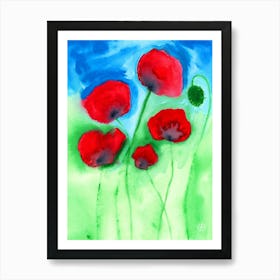 Poppies - flowers floral red green blue Art Print