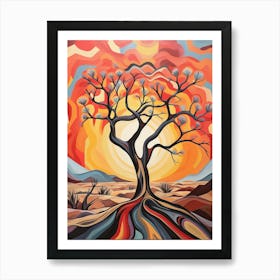 Tree at Sunset in Desert, Abstract Vibrant Painting in Van Gogh Style Art Print