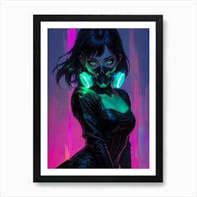 Sexy anime girl with green neon mask, big eyes, and sexy boobs. An erotic, cute waifu from manga and hentai, a beautiful cyberpunk fantasy. Art Print