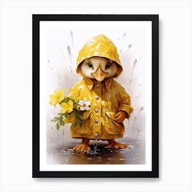 Duckling In A Yellow Raincoat With Flowers 1 Art Print