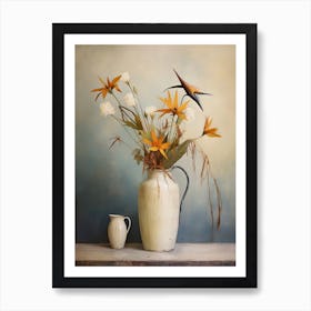 Bird Of Paradise, Autumn Fall Flowers Sitting In A White Vase, Farmhouse Style 1 Art Print