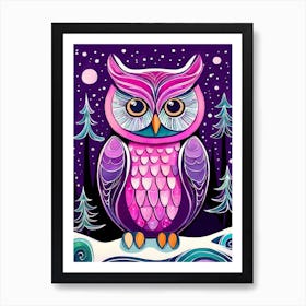 Pink Owl Snowy Landscape Painting (118) Art Print