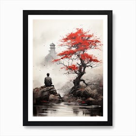 Man And Tree, Japanese Brush Painting, Ukiyo E, Minimal 1 Art Print