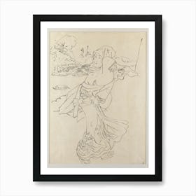Framed Outline Preparatory Drawing Of A Woman Clutching Kimono Skirts Against Wind; Woman Is Walking With Body In Art Print