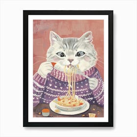 Grey Cat Eating Pasta Folk Illustration 4 Art Print