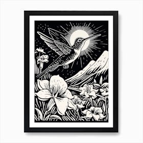 B&W Bird Linocut Hummingbird 4 Art Print