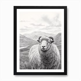 Black & White Illustration Of Highland Sheep With The Valley In The Distance 3 Art Print