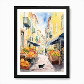 Food Market With Cats In Porto 4 Watercolour Art Print