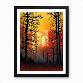 Forest At Sunset,   Forest bathed in the warm glow of the setting sun, forest sunset illustration, forest at sunset, sunset forest vector art, sunset, forest painting,dark forest, landscape painting, nature vector art, Forest Sunset art 2, trees, pines, spruces, and firs, orange and black.  Art Print