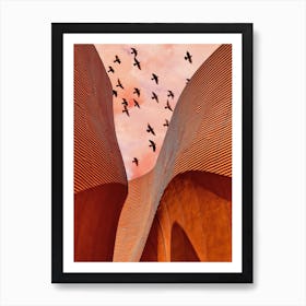 Birds Fly Through Red Sky Art Print