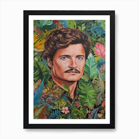 Floral Handpainted Portrait Of Pedro Pascal 2 Art Print